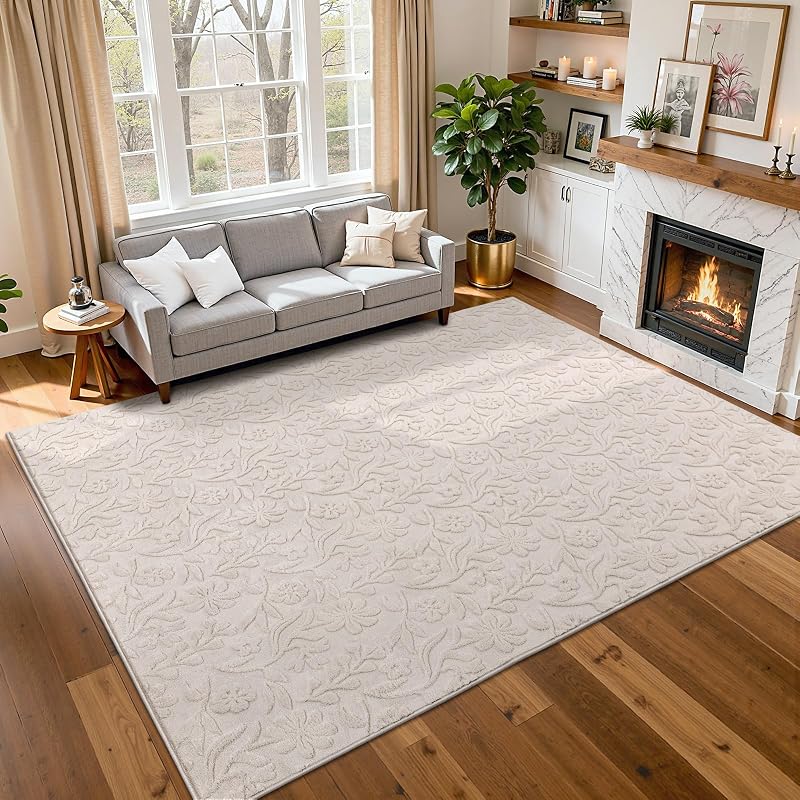 6x9 Beige Area Rug for Living Room & Bedroom - Modern Boho Woven Floral Pattern (Variation: Beige 6' x 9' Rectangular)