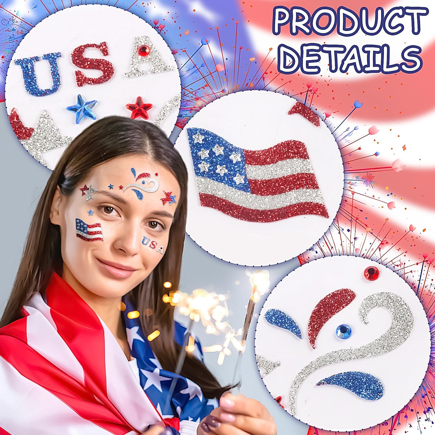 USA Flag Stars Face Stickers Patriotic Face Gems Face Jewels Self-Adhesive Festival Star Rhinestone Stickers for Face, Eye, Makeup, Stick on Gems,4th July Costume Accessories 2PCS (Style 1)
