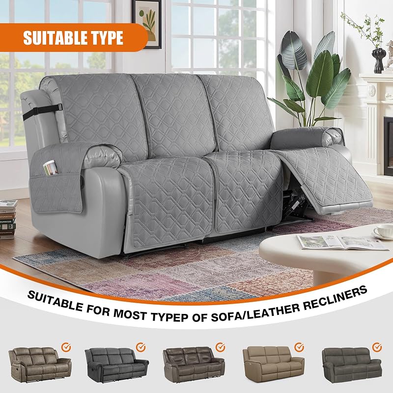 VANSOFY Light Gray 3-Seater Waterproof Recliner Couch Cover