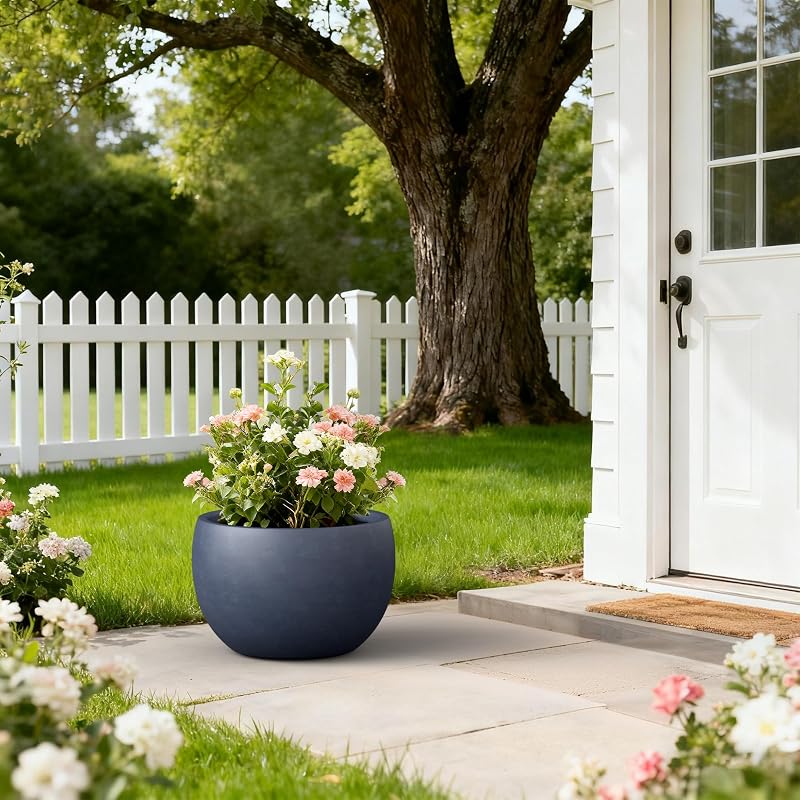 Large Round Charcoal Concrete Planter 19.9" Dia - Outdoor with Drainage Plug