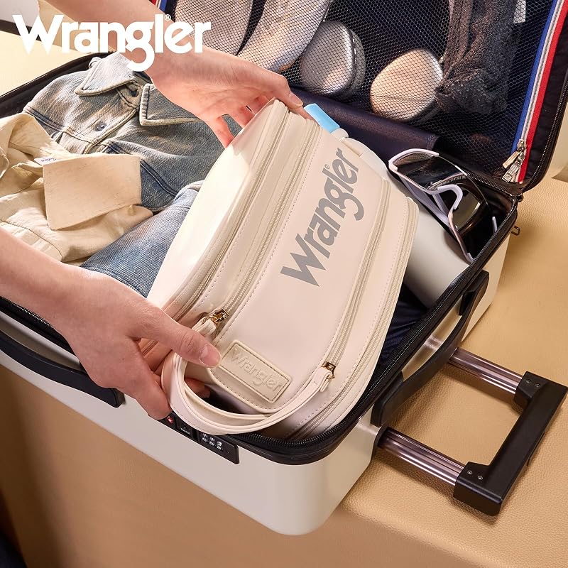 Wrangler Large Makeup Bag - Beige Travel Toiletry Organizer, 11x6.5x6