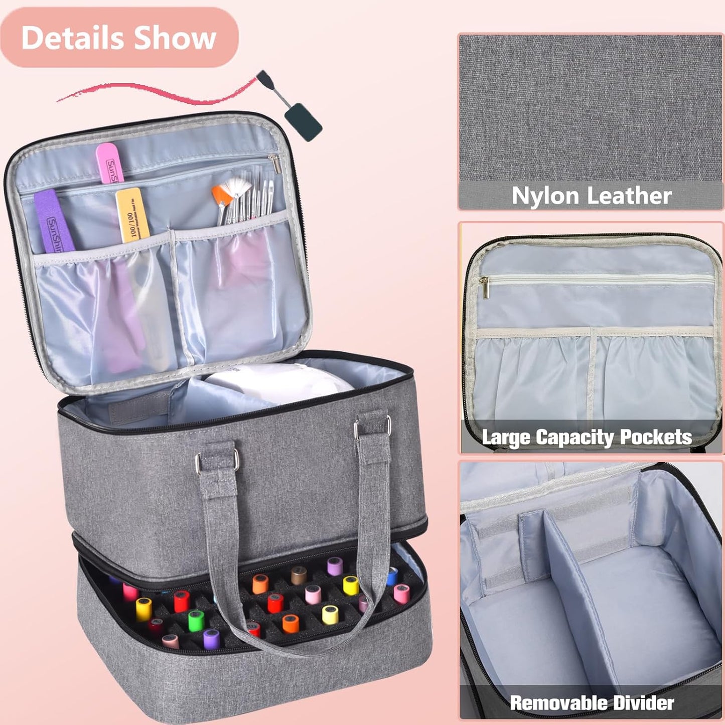 Nail Polish Organizer Bag with Travel Case for 30+ Bottles & Nail Lamp - Purple