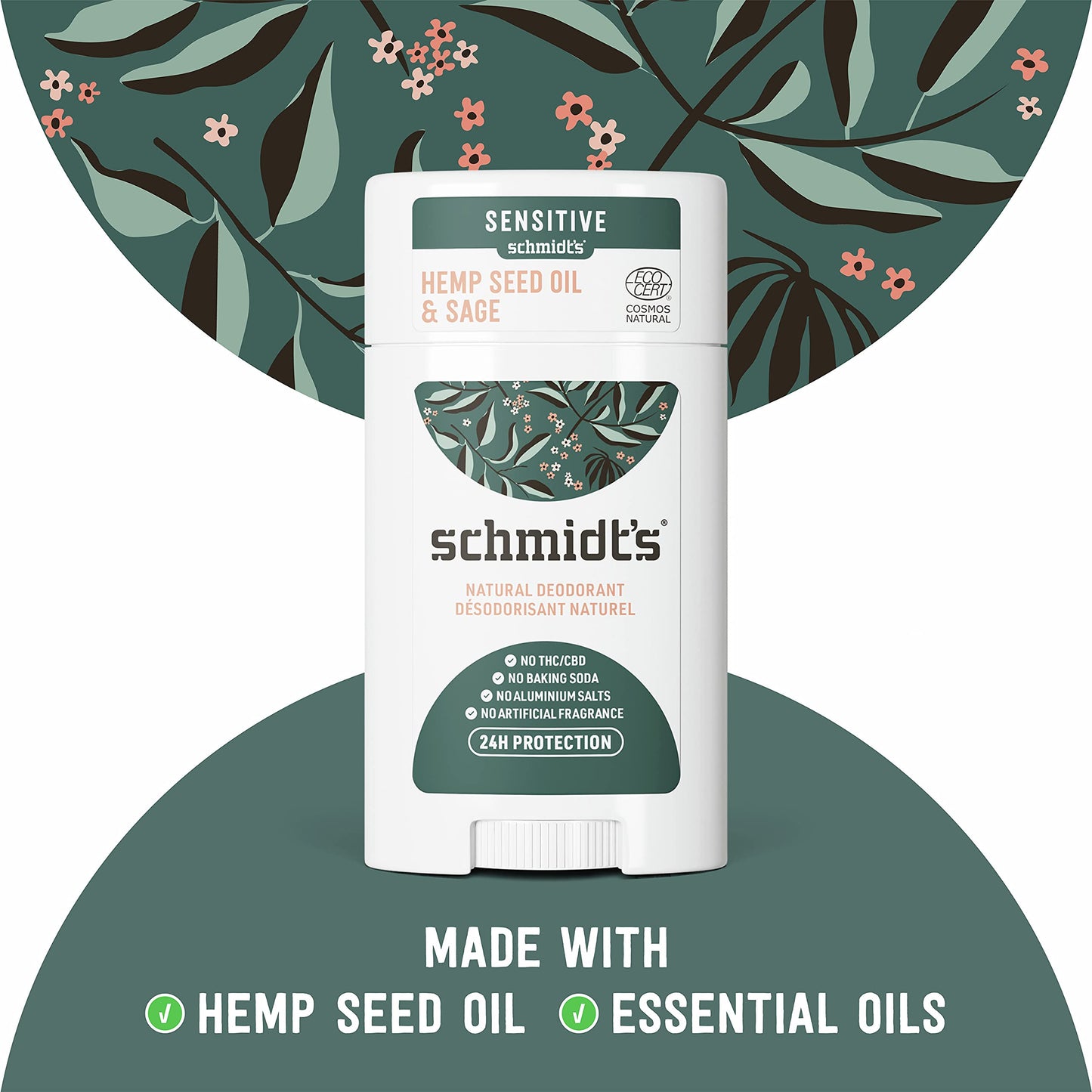 Schmidt's Aluminum Free Natural Deodorant for Women and Men, Hemp Seed Oil and Sage for Sensitive Skin with 24 Hour Odor Protection, Vegan, Cruelty Free, 2.65 oz