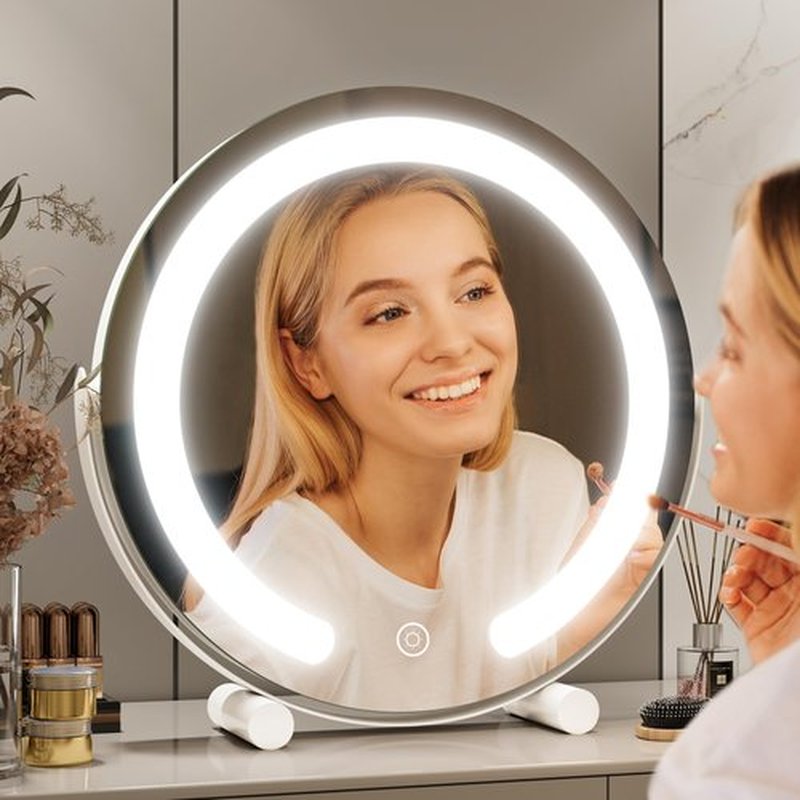 FENNIO Vanity Mirror with Lights, 13 inch COB LED Lighted Makeup Mirror, Round Makeup Mirror with Lights with 3-Color Lighting, 360° Rotation, Dimmable for Tabletop, Bedroom