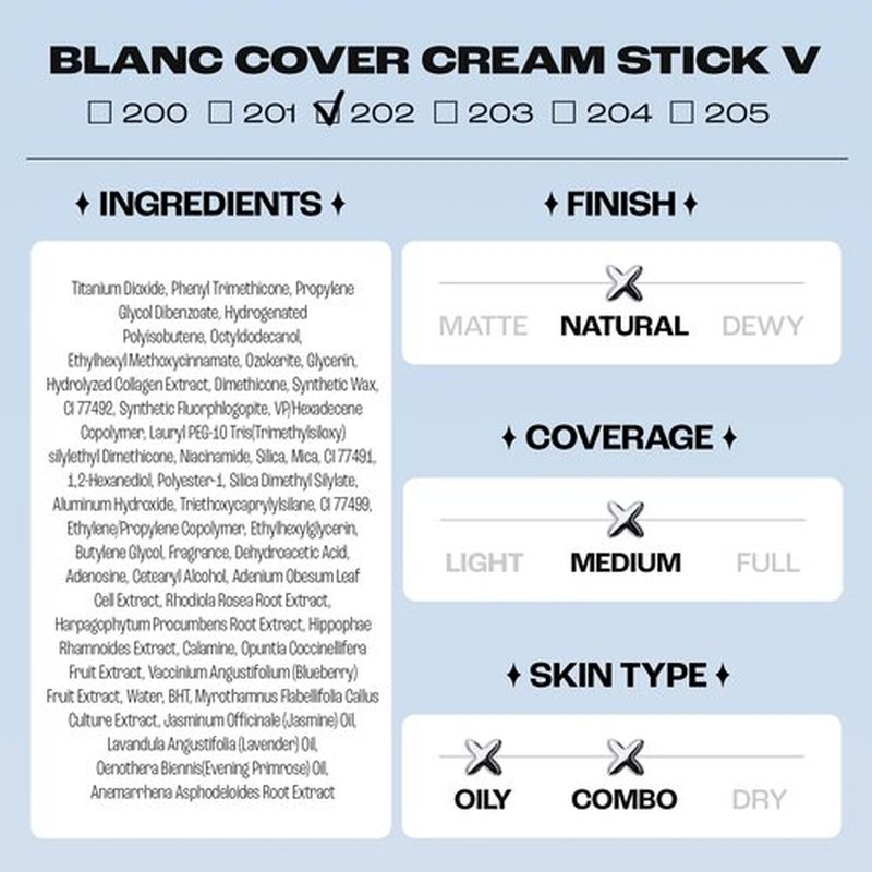 ELROEL Blanc Cover Cream Stick V White - Korean Color-Changing Foundation Stick with Volufiline - Medium to Full Coverage Dewy Finish Base Makeup - Dual-Ended with Detachable Brush (202 Natural)
