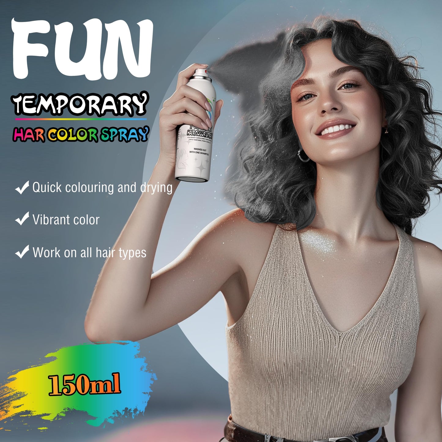Black Temporary Hair Color Spray - Gentle Formula, Washable & Non-Sticky | Instant Hair Dye Alternative for Adults | Halloween, Costume, Party Makeup, 150ml