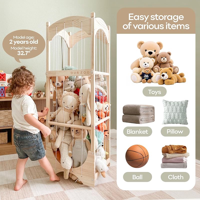 Stuffed Animal Storage Toy Organizer in Wood – Kid Bedroom Cabinet with Wheels