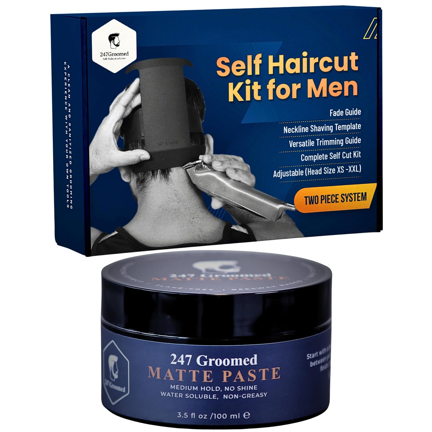 247 Groomed Self Haircut Kit for Men | 2Pcs SelfCut Guide for Men: Neckline Shaving Template & Fade Guide | Adjustable Size Hair Fade Tool & Stable Neck Line Up Tool | Hair Cut for Kids & Seniors