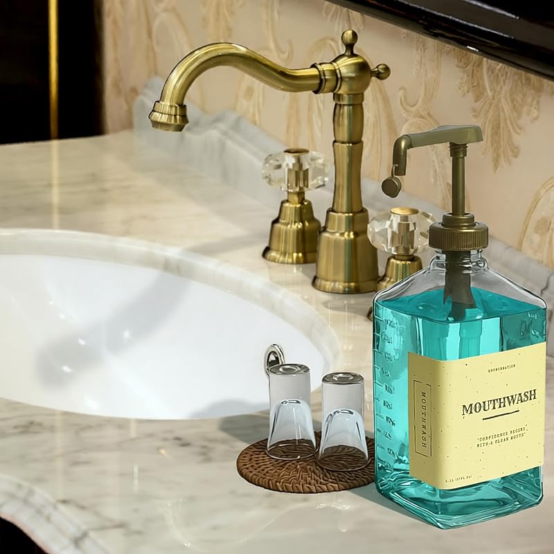 Gold 37oz Glass Mouthwash Dispenser Set with Pump & Cups - Variation: Gold
