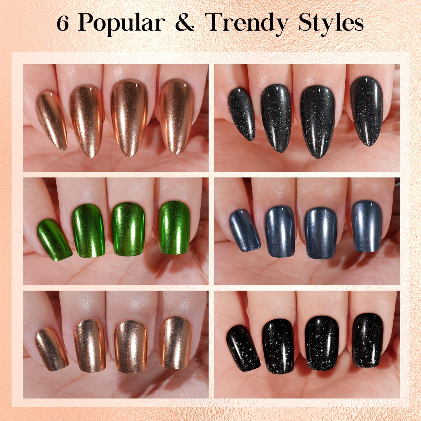 Chrome Press on Nails Short 6 Styles, Jofay Fashion 144Pcs Salon-Like Mirror Metal Stiletto Fake Nails with Glue, Glitter Artificial Acrylic False Nails for Party, Glue on Nails Press Ons in 12 Sizes