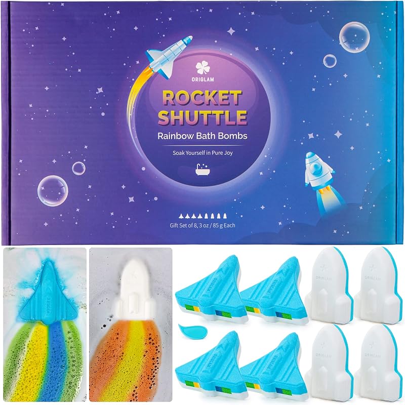 8x 3 oz ORIGLAM Rocket & Shuttle Bath Bombs for Kids – Space Plane Rainbow Fizz, Individually Wrapped