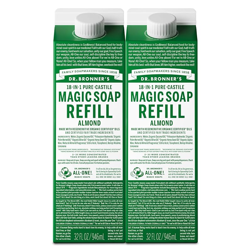 Almond Castile Soap Refill (32oz x2) – 18-in-1 Liquid Soap for Face, Body, Hands