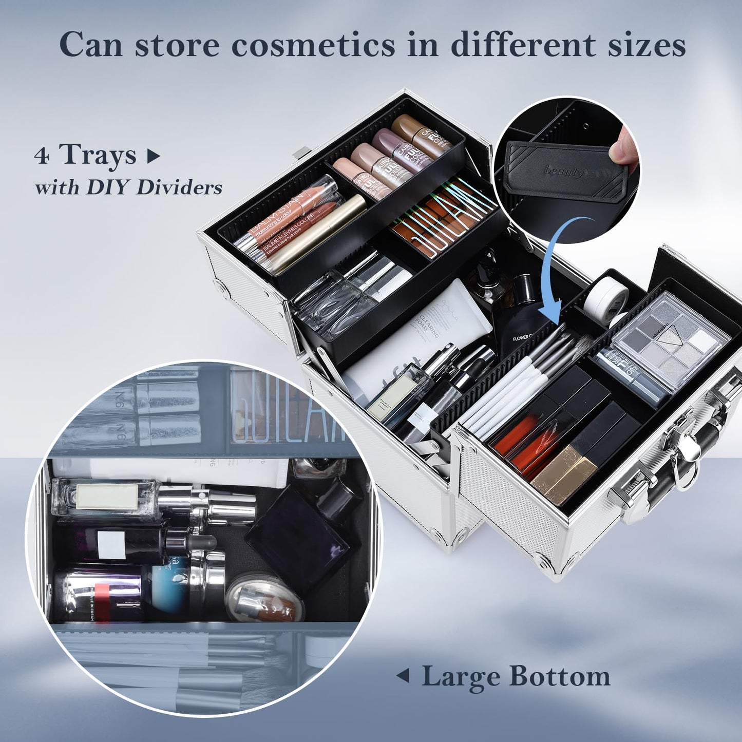 FRENESSA Makeup Train Case Makeup Organizer Box Portable Cosmetic Travel Case with Lock 4 Trays Aluminum Hard Vanity Box Make Up Artist Nail Beauty Storage Organizer Cosmetic Suitcase Bright Silver