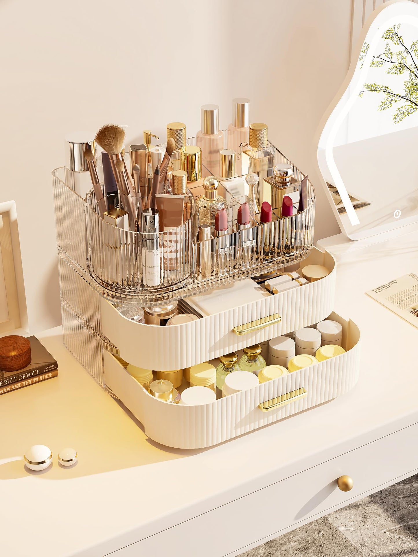 MIUOPUR Makeup Organizer with Rotating Makeup Brush Holder, Stackable Drawers for Bathroom Organizers and Storage, Make up Organizers for Vanity, Great for Cosmetics, skincare, Lipsticks -Cream