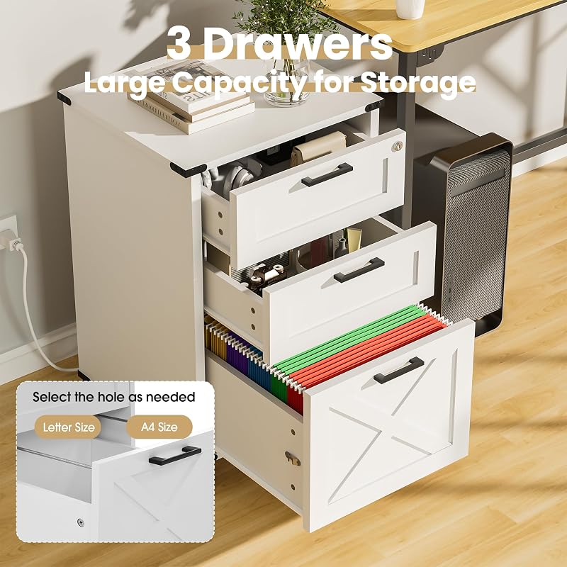 Onelike Small Wood File Cabinet with Charging Station & Lock, 3 Drawers - White + 3 Drawers