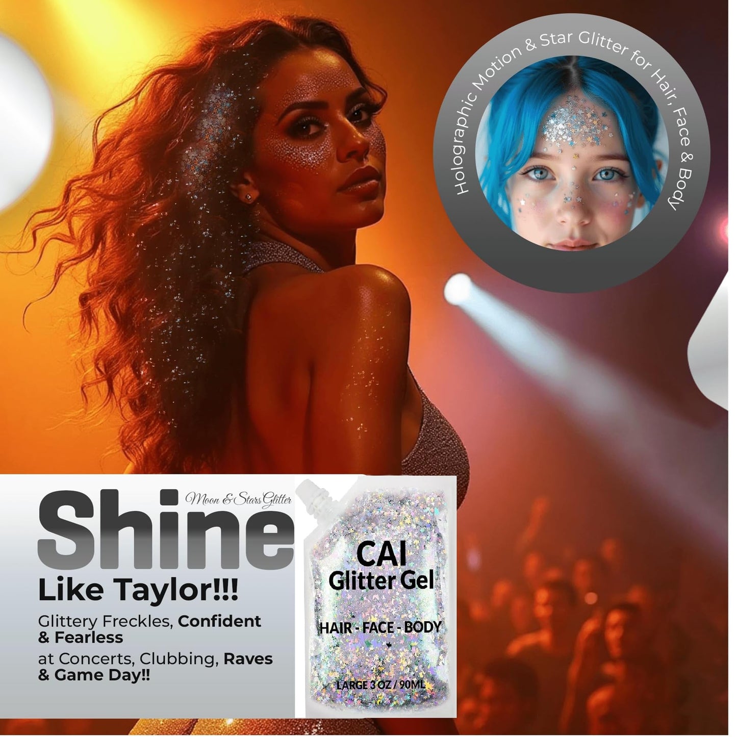 Face, Body & Hair Glitter Gel – Halloween Glitter for Kids and Women – 3 Oz Cosmetic-Grade Gel w/Moon & Stars for Festivals & Halloween Party, Easy Apply & Wash Off - Blue 2Pack