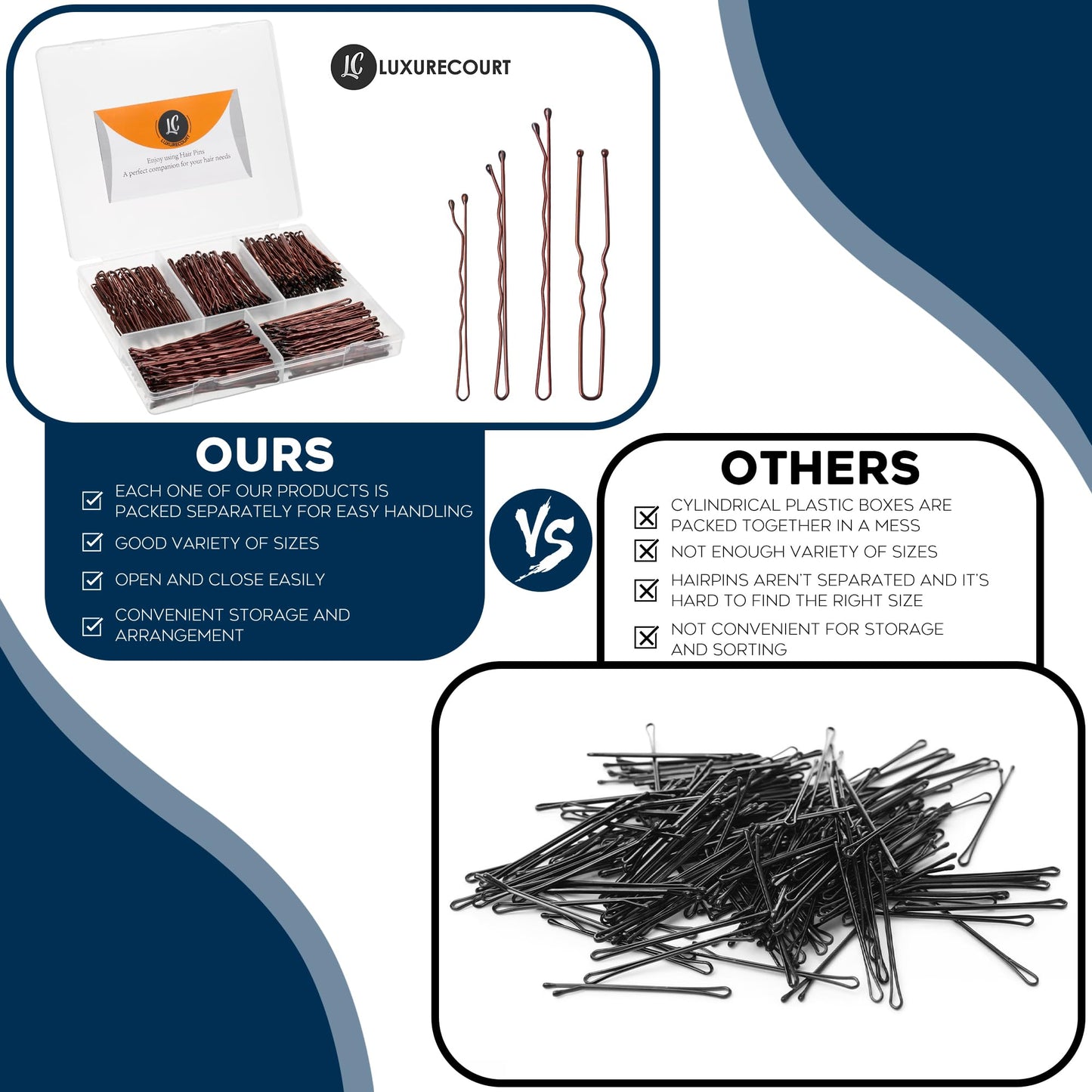 300 Pack Brown Bobby Pins Set by Luxurecourt, 3 Assorted Sizes of Large and Small Premium Bobby Pins + Regular Size U Shaped Hair Pins for Buns, Updo Style - Nonslip with Rounded Ends.