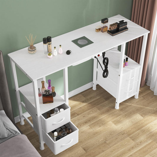 WODRAWER Manicure Table for Nail Tech, Nail Tech Table Station w/4 Storage Drawers & 2 Open Shelves, Nail Table w/Dust Collector for Beauty Salon Tech Station (White)