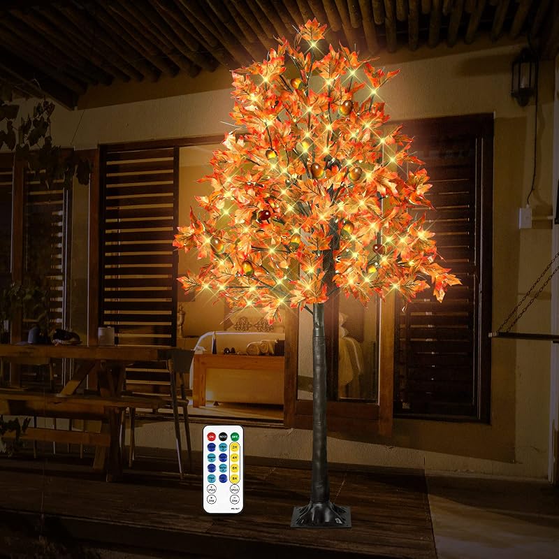 6FT 130 LED Lighted Maple Tree with 13 Branches, 260 Leaves, 13 Acorns - Remote, 8 Modes, Timer, Outdoor Autumn Decor (Variation: 6ft-130led-1pack)