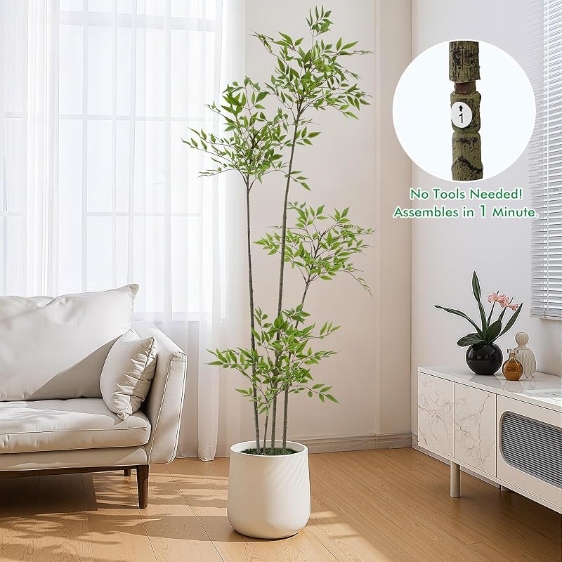 6ft Faux Bamboo Tree with Nandina, Green, with Pot — Variation Green+5ft 11in