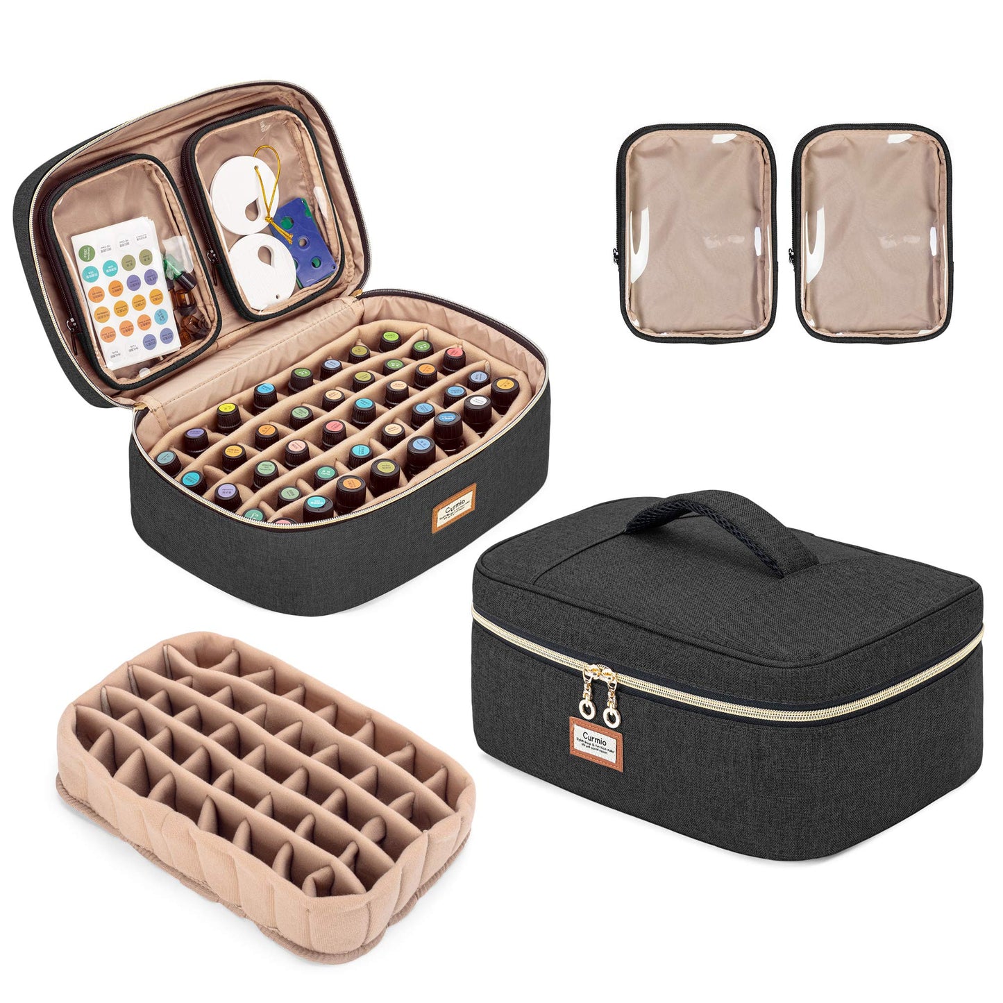 CURMIO Essential Oil Storage Case for 40 Bottles (5ml-30ml), Essential Oils Organizer Case with 2 Detachable Visible Pouches and Portable Handle, Patented Design, Black (Bag Only)