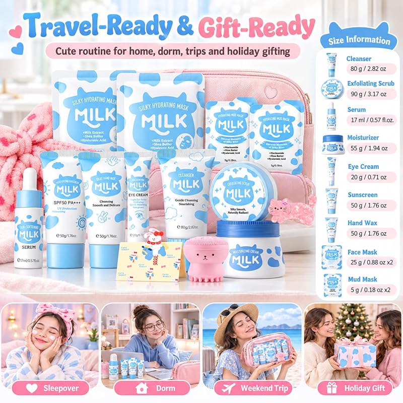 Milk Skincare Kit for Teens & Women - 15-Piece Travel Set with Mask & Moisturizer (0.07 Fl Oz Each) - Hydrating Gift for Tweens
