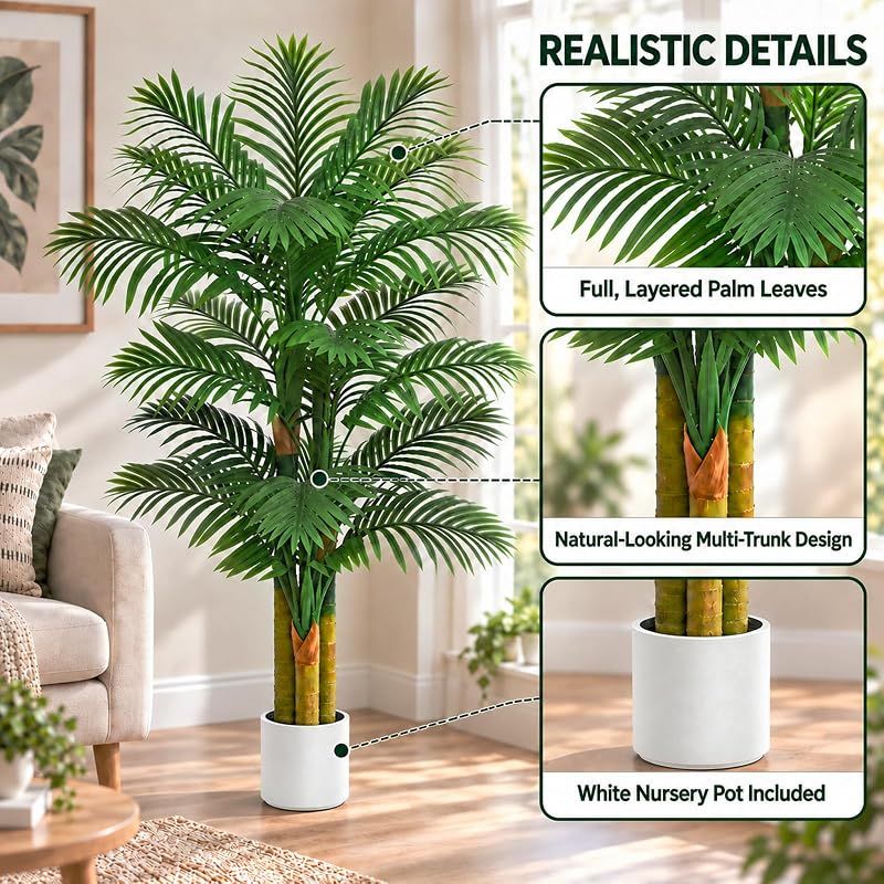 5FT Artificial Golden Cane Palm Tree with White Pot - UV Resistant, Indoor/Outdoor