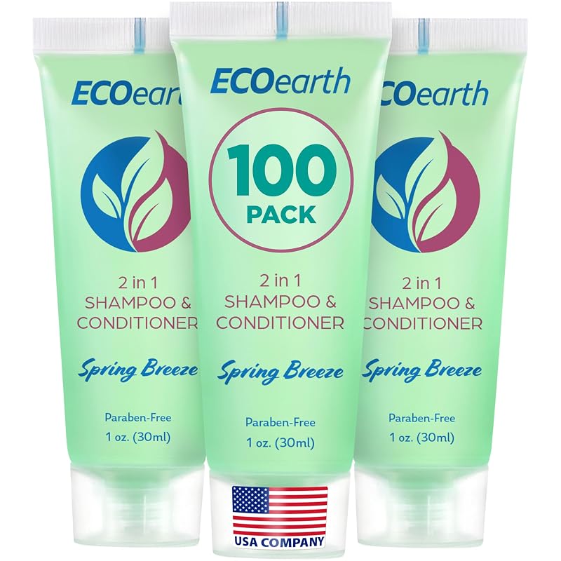 EcoEarth 1 Fl Oz Travel Size 2-in-1 Shampoo & Conditioner, 100-pk Spring Breeze – Hotel Amenities