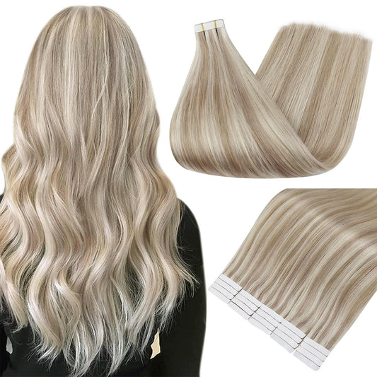 Full Shine Tape in Hair Extensions Human Hair 18 Inch Remy Human Hair Tape in Extensions Color 18/613 Ash Blonde Highlight with Platinum Blonde Invisible Hair Extensions Tape Ins 20Pcs 50Grams