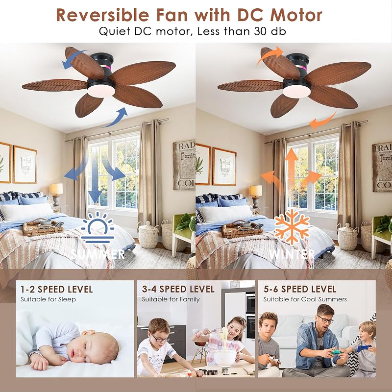 Brown Palm Leaf 46in Ceiling Fan with Lights, RGB Side Light, 6-Speed DC Motor, Remote & 3CCT Dimmable LED, Quiet Flush Mount - Variation: Brown-Palm Leaf+46in