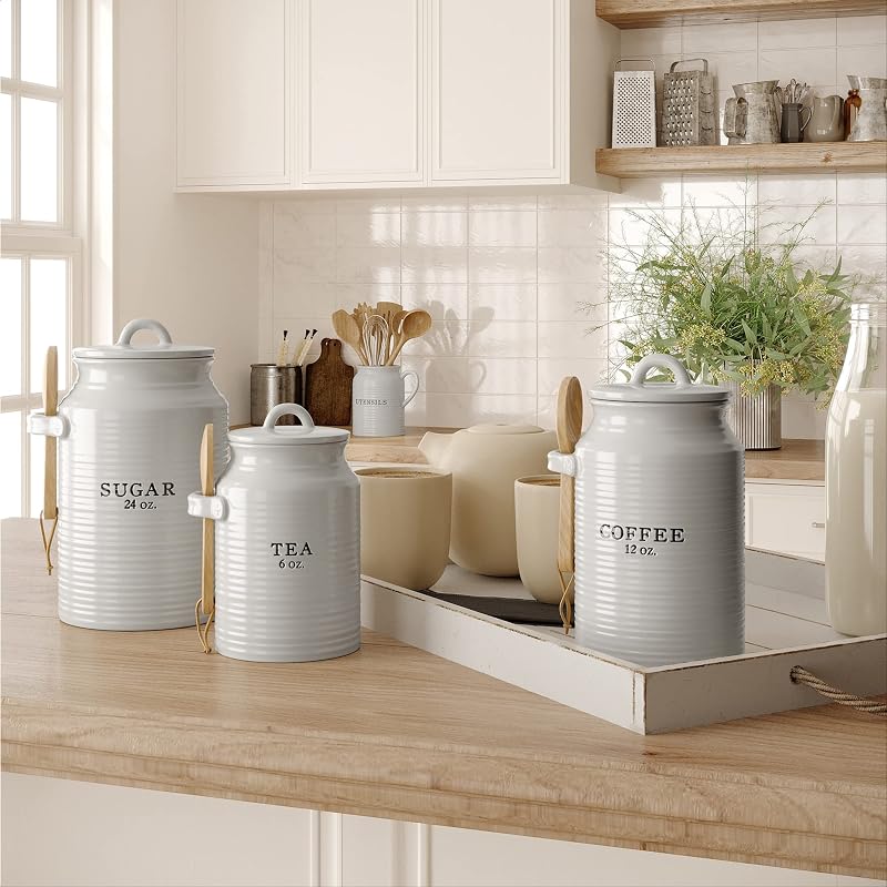 Barnyard Designs Ceramic Kitchen Canister Set, White (Coffee, Sugar, Tea) - Set of 3 - Tea/Coffee/Sugar Variation