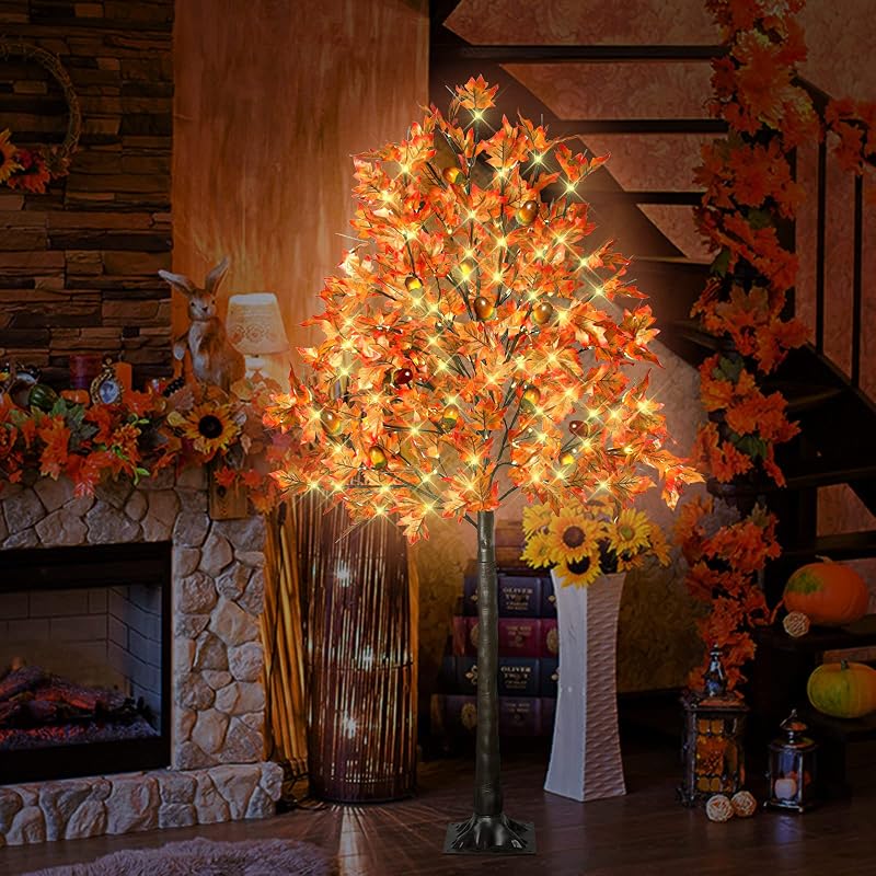 6FT 130 LED Lighted Maple Tree with 13 Branches, 260 Leaves, 13 Acorns - Remote, 8 Modes, Timer, Outdoor Autumn Decor (Variation: 6ft-130led-1pack)