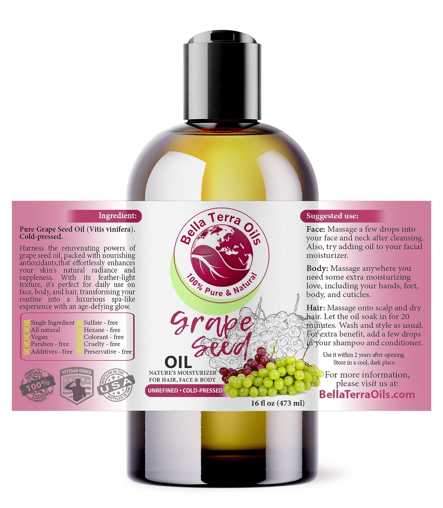 Bella Terra Oils - Organic Grape Seed Oil 16oz - Pure Organic Grape Extract, Enriched with Vitamin E & Resveratrol, Your Key to Luxurious Skin Care