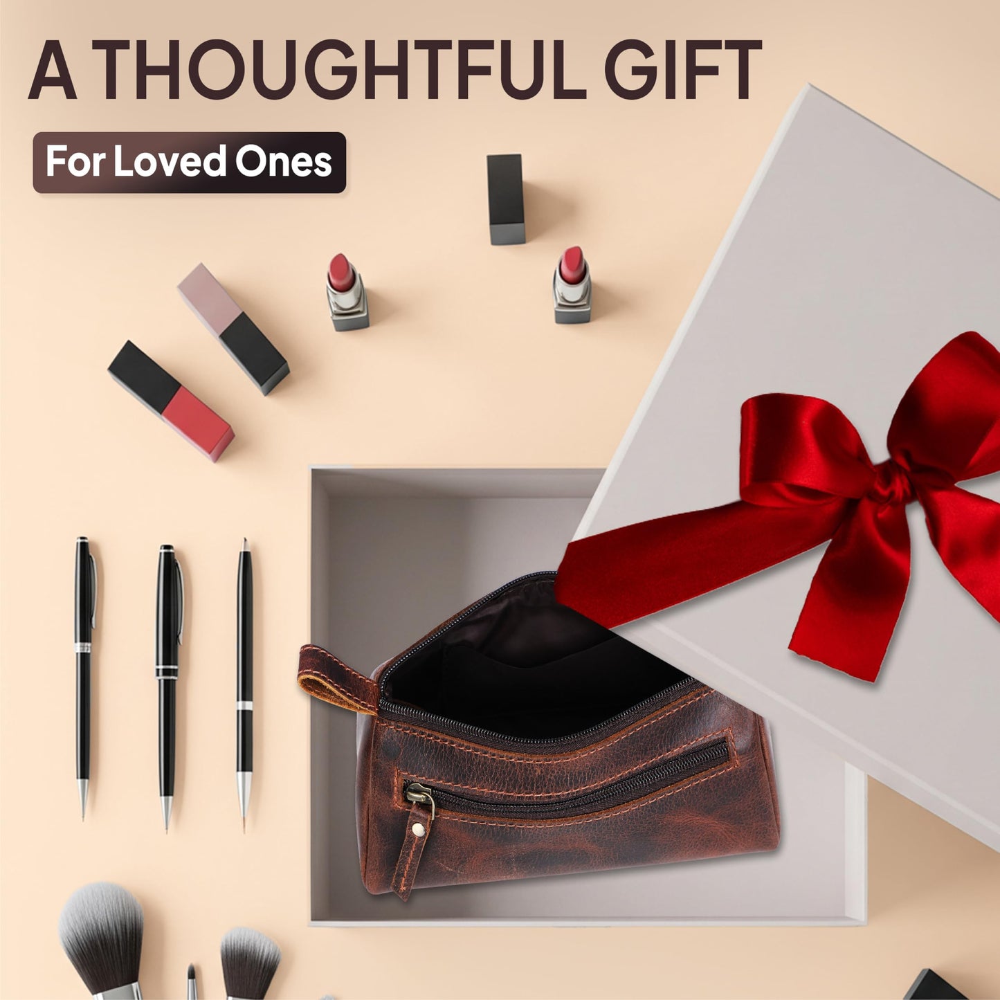 TheAntiq Brown Leather Cosmetic Bags for Women Travel Cosmetic Cases - Multipurpose Zippered Makeup Bag, Small leather Cosmetic Case for Purse - Genuine Leather Makeup Bag Handmade Makeup Pouch