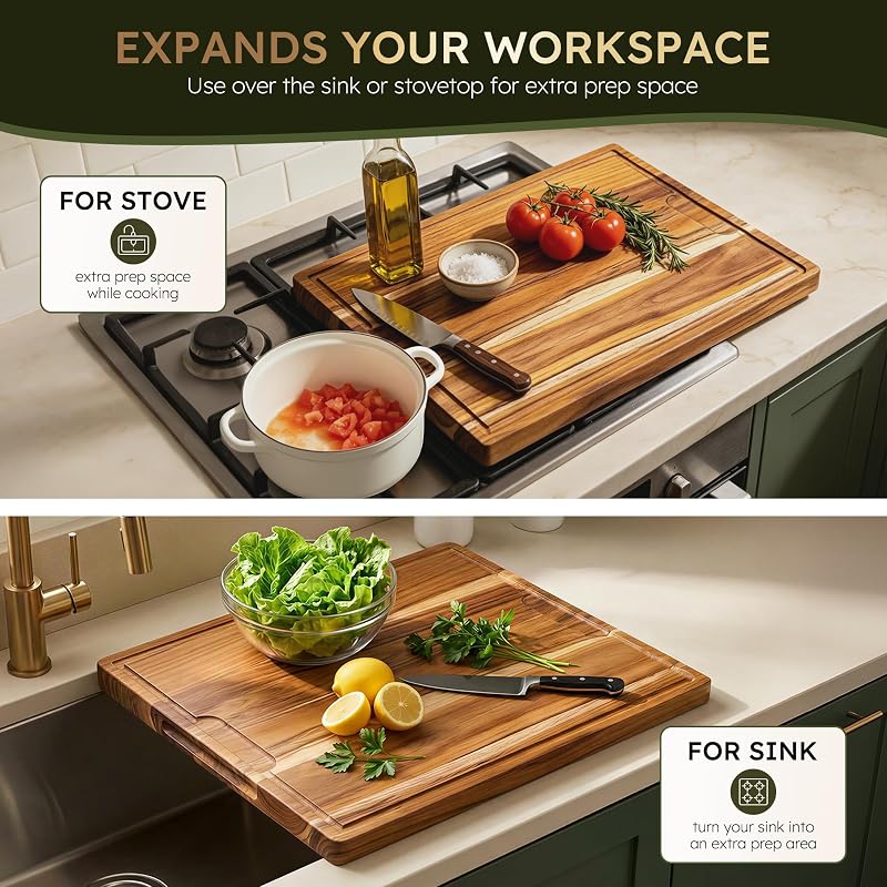 20 x 15 in Teak Cutting Board with Juice Groove – Thick 1.25 in, Corner Feet