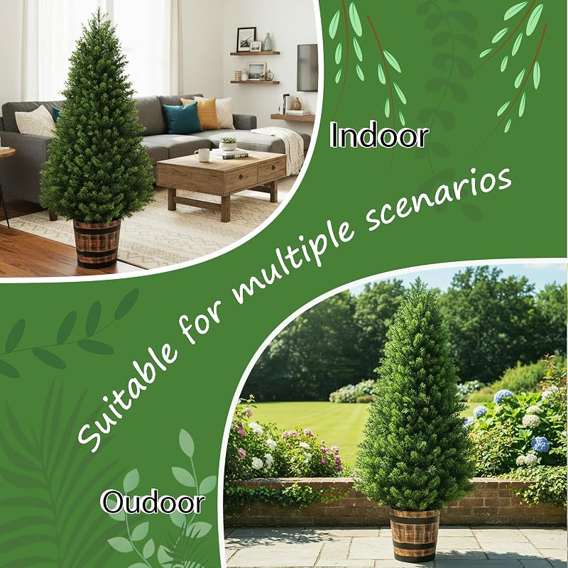 4FT Set of Artificial Cedar Topiary Trees in Barrel Planter – Outdoor/Indoor Faux Pine Shrubs