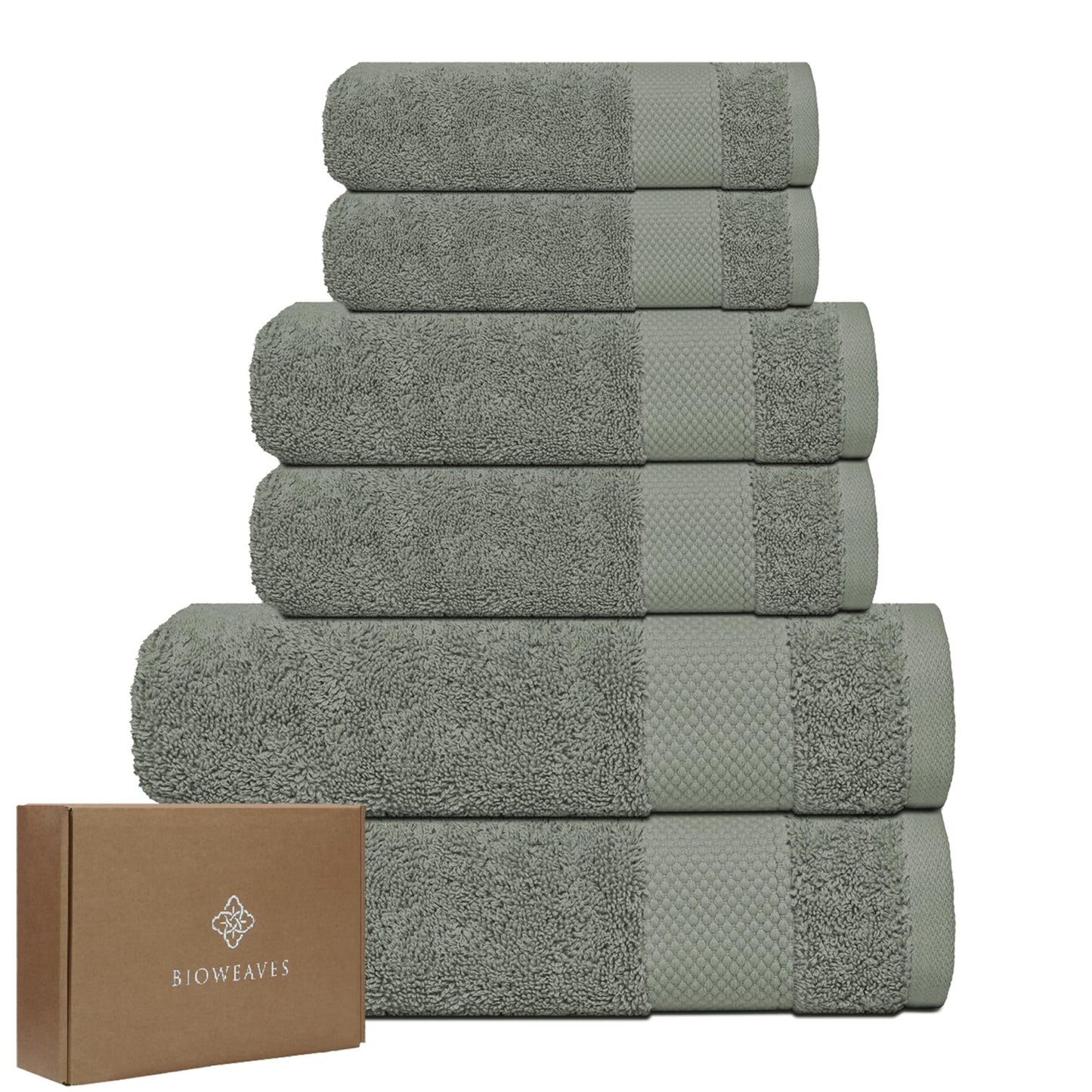BIOWEAVES 100% Organic Cotton 6-Piece Luxury Bathroom Towels Set GOTS Certified 700 GSM, 2 Bath Towels, 2 Hand Towels & 2 Wash Cloths - Sage