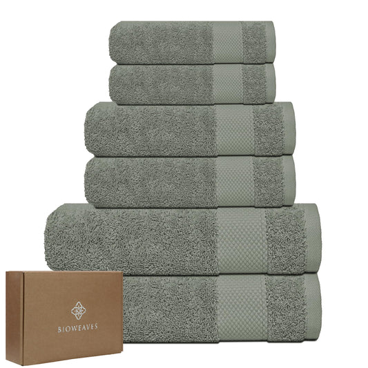 BIOWEAVES 100% Organic Cotton 6-Piece Luxury Bathroom Towels Set GOTS Certified 700 GSM, 2 Bath Towels, 2 Hand Towels & 2 Wash Cloths - Sage