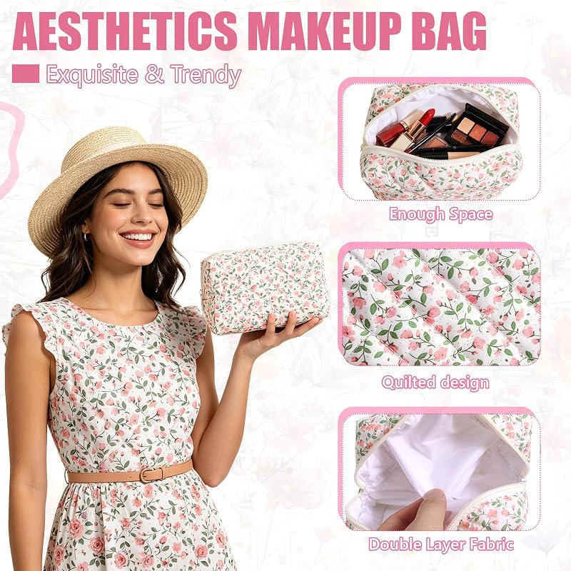 Giesiery Floral 8-Piece Quilted Cotton Makeup Bags Set - Zipper Pouches (Variation: Floral+8)