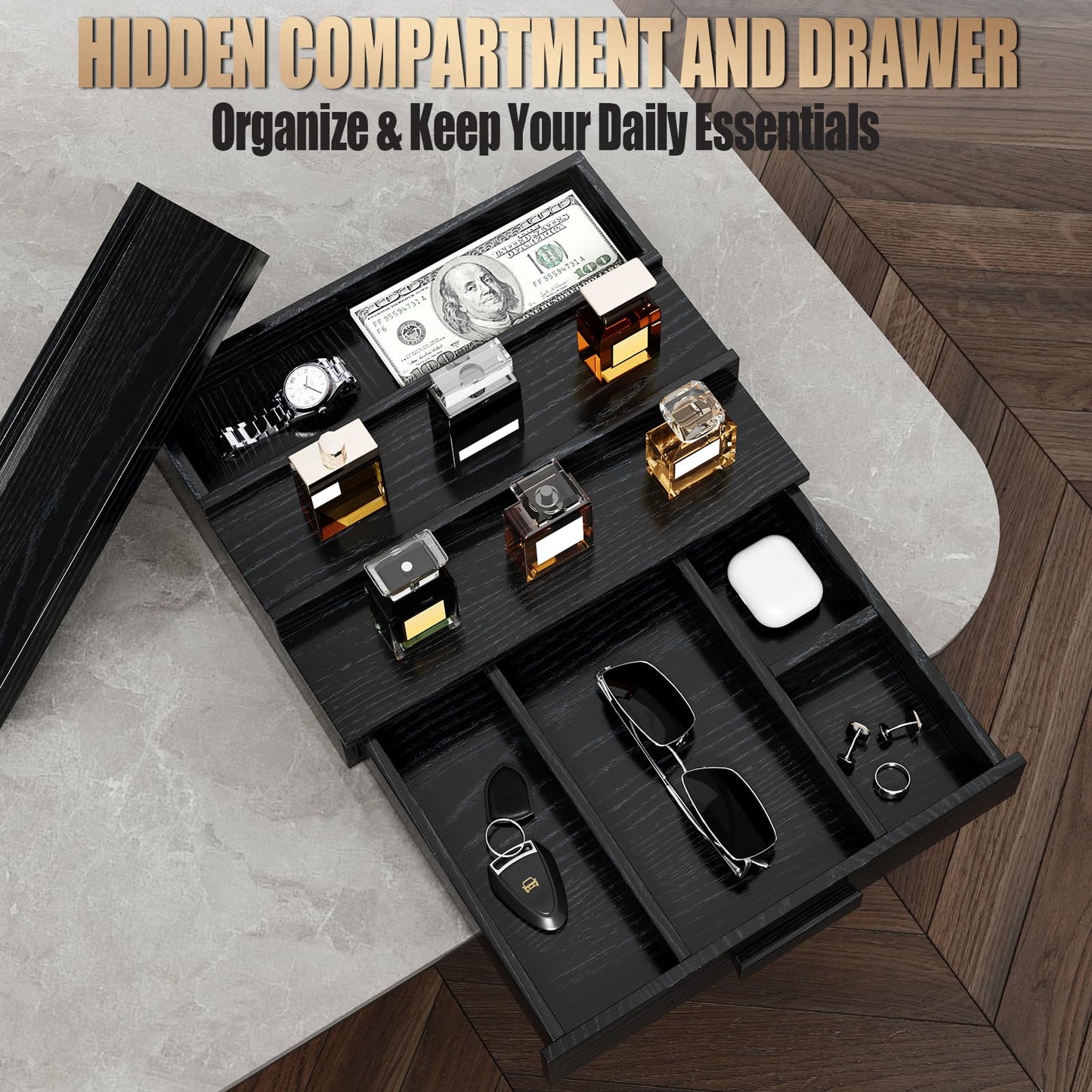 Gernshe Cologne Organizer for Men,3 Tier Solid Ash Wood Cologne Stand,Cologne Shelf Display Holder,Perfume Stand Organizer with Drawer and Hidden Storage,Great Gift for Men Father's Day,Black