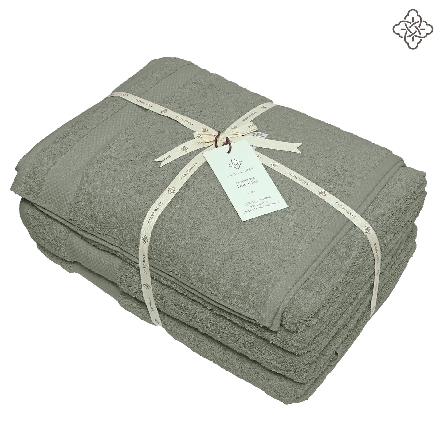 BIOWEAVES 100% Organic Cotton 6-Piece Luxury Bathroom Towels Set GOTS Certified 700 GSM, 2 Bath Towels, 2 Hand Towels & 2 Wash Cloths - Sage