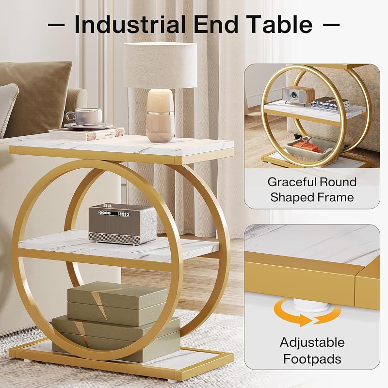 Tribesigns End Table with Storage Shelves - 3-Tier Slim Nightstand, Industrial White & Gold