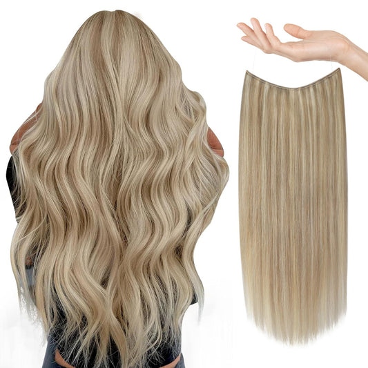 Sunny Wire Hair Extensions Real Human Hair Fish Line Human Hair Extensions Invisible Wire Extensions Golden Blonde with Medium Blonde Highlights #16/22 18 Inch