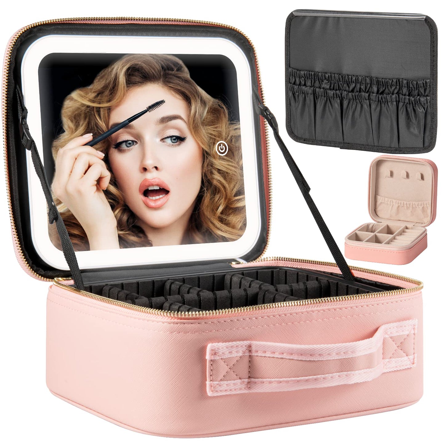 Extrei Gent Makeup Travel Train Case with Mirror LED Light 3 Adjustable Brightness Large Cosmetic Bag Portable Storage Adjustable Partition Waterproof Makeup Brushes Make up Jewelry Gift for Women