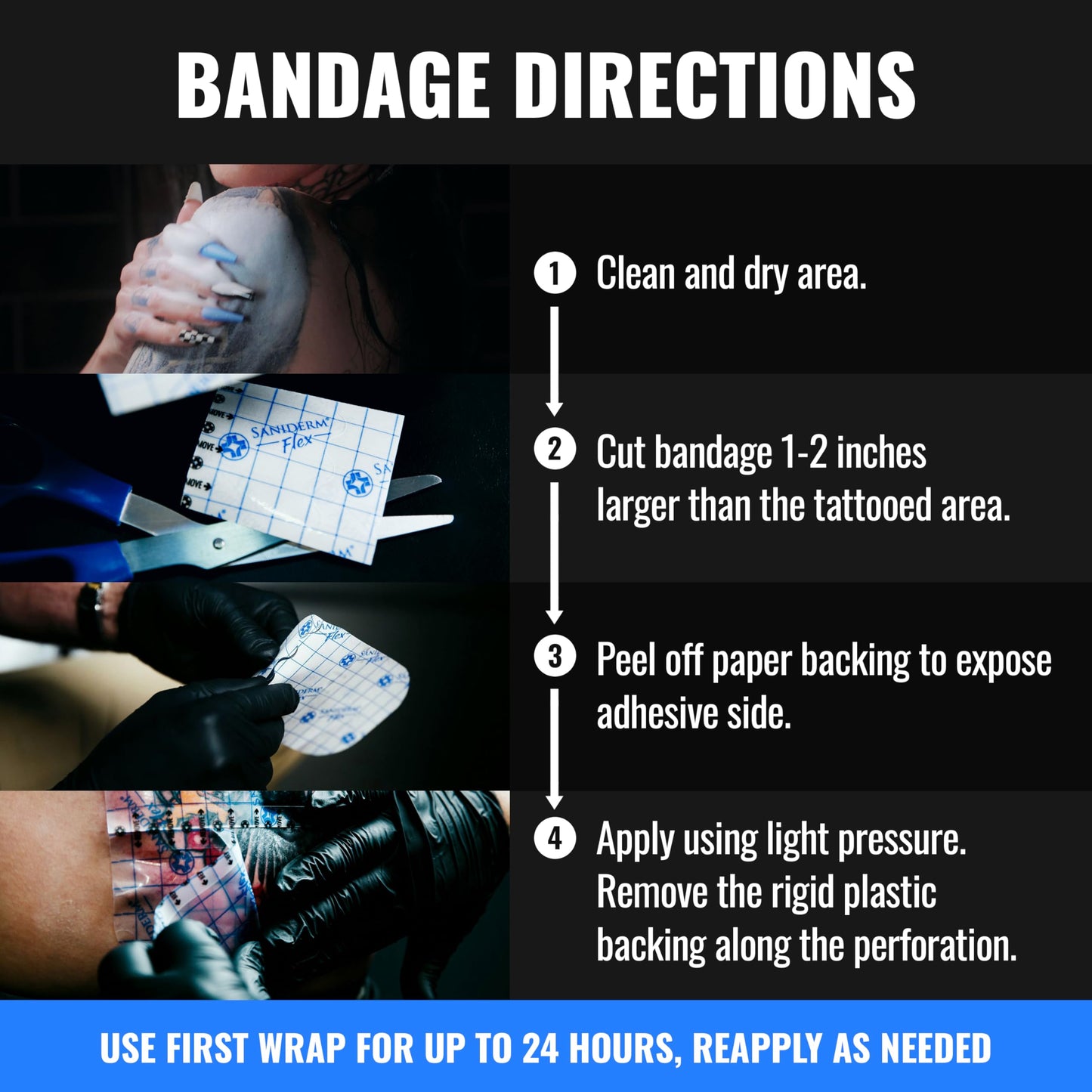 Saniderm Flex Tattoo Aftercare Bandage (New) (3 Pack, 6 in x 8 in) – Convenient, Faster Tattoo Healing and Protection – Sterile, Waterproof, Ultra Flexible, Tattoo Aftercare Wrap – Matte Finish
