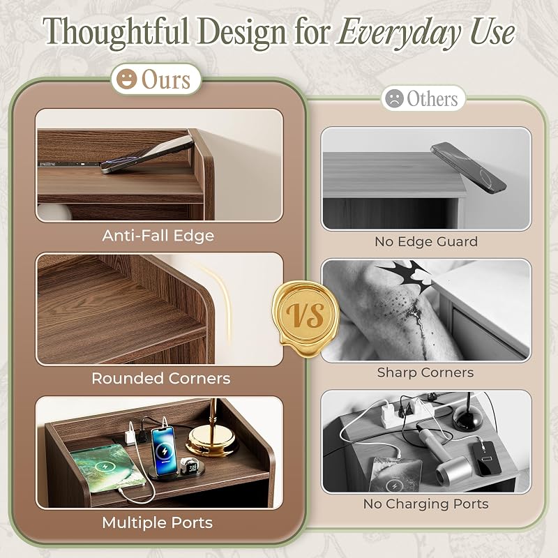 Huuger Walnut Nightstand with Charging Station - USB-C, USB-A & 2 AC Outlets (Variation: Walnut+1)