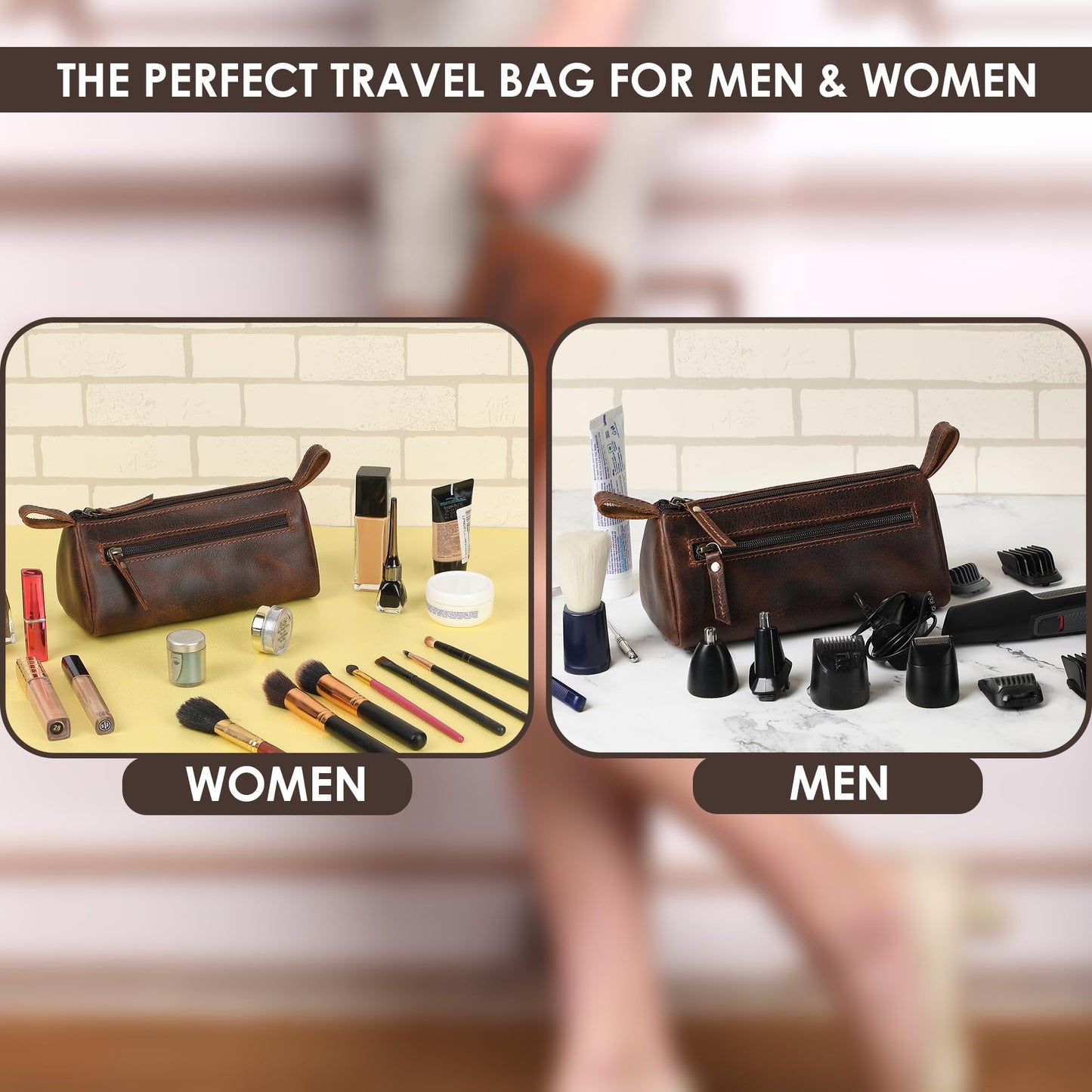 TheAntiq Brown Leather Cosmetic Bags for Women Travel Cosmetic Cases - Multipurpose Zippered Makeup Bag, Small leather Cosmetic Case for Purse - Genuine Leather Makeup Bag Handmade Makeup Pouch