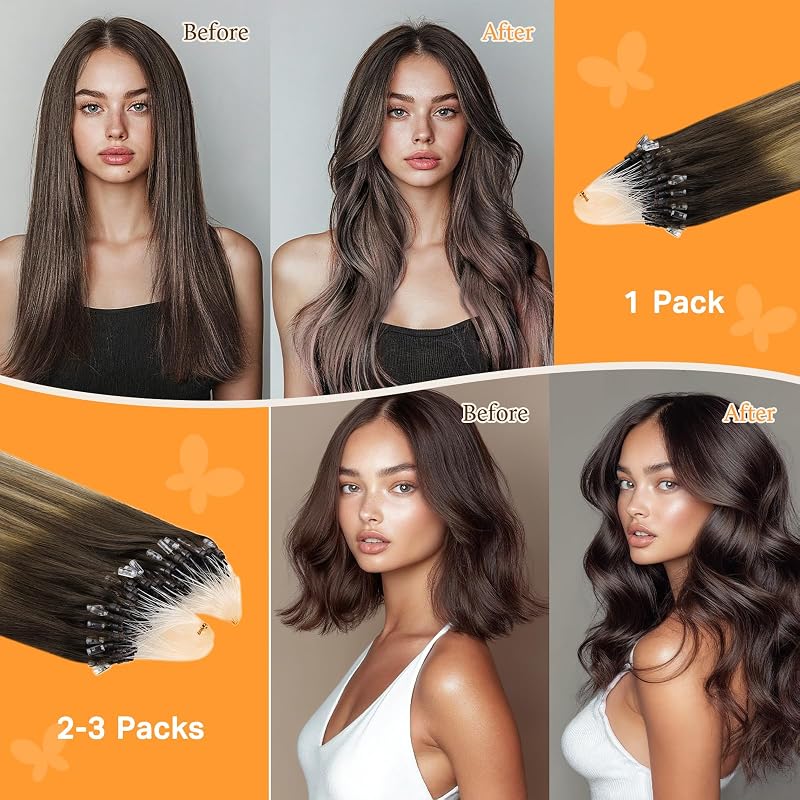 Doores Real Human Hair Extensions 18 Inch Micro Link 50g 50 Strands Chocolate Brown to Caramel Blonde
