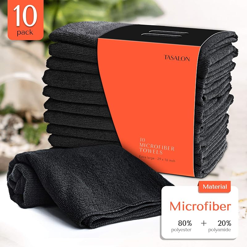 TASALON 10-Pack Microfiber Salon Hair Towels 29 x 16 Inches - Ultra-Soft Black