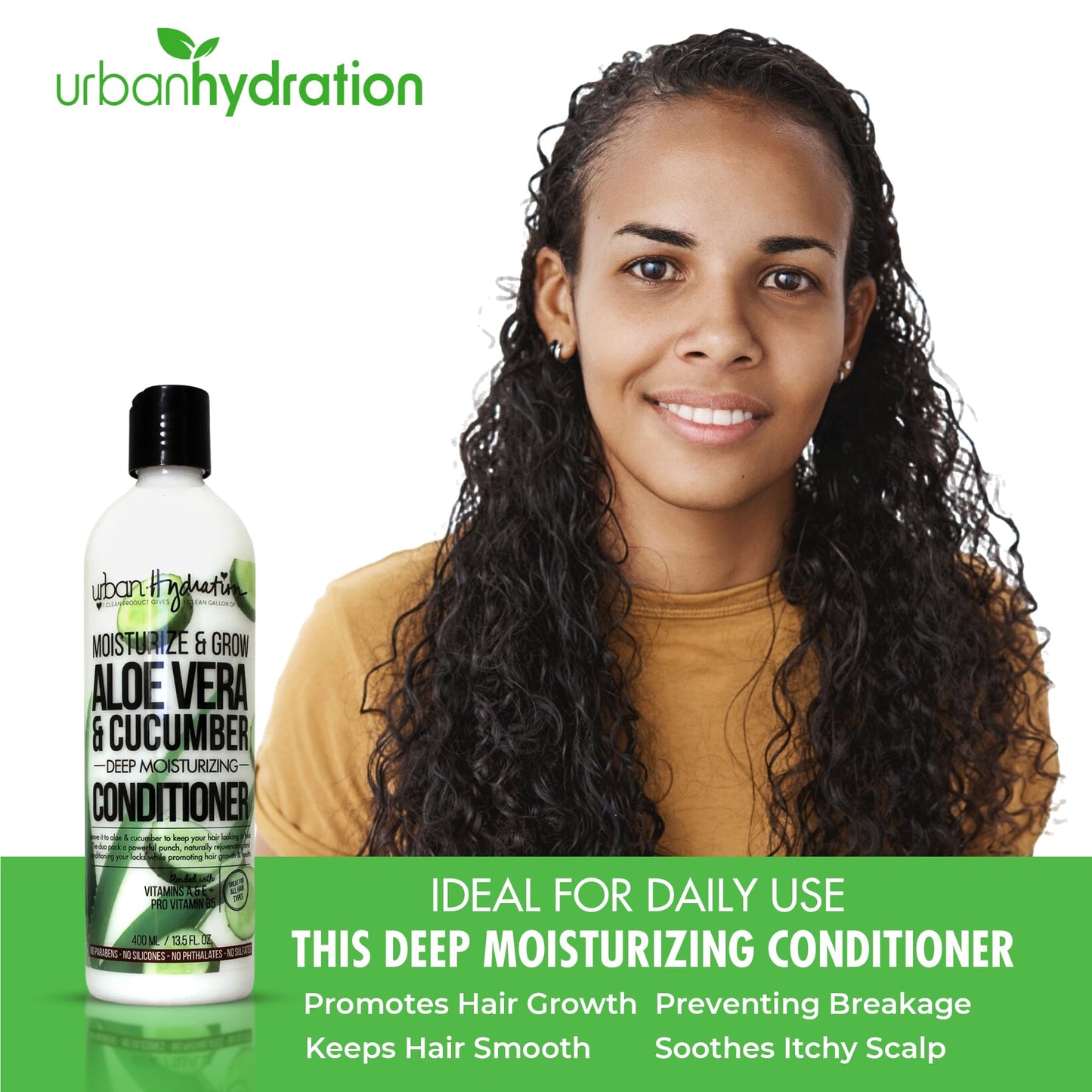 Urban Hydration Hydrate and Grow Aloe Vera & Cucumber Moisturizing Conditioner, Promotes Hair Growth and Hydration - Silicone, Paraben and Sulfate Free - 13.5 FL Oz